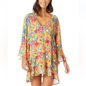 Anne Cole Women's Floral-Print Sunshine Flounce V-Neck Tunic Cover-Up Size M/L